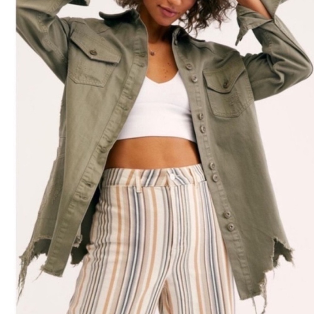 Free People Moonchild Olive Green Denim Shirt Jacket / Shacket - Womens Medium